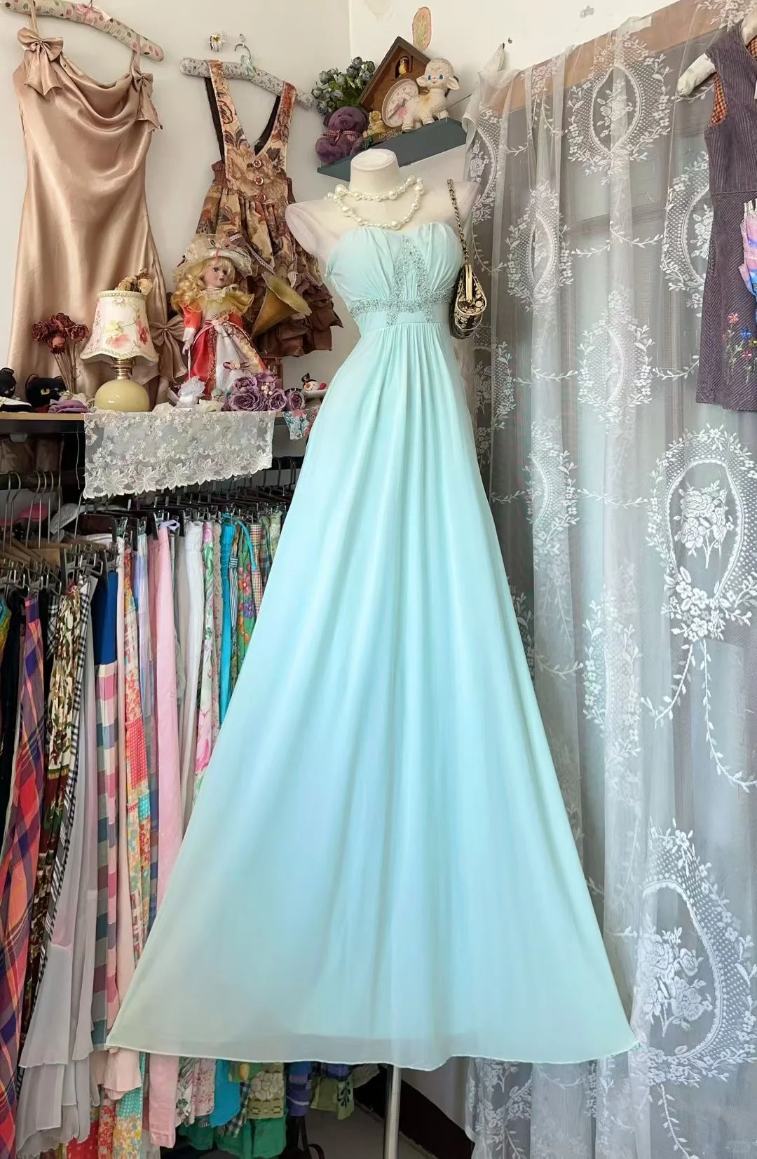 Vintage Baby Blue A Line Strapless Beaded Chiffon Prom Dress Evening Dress SH5688