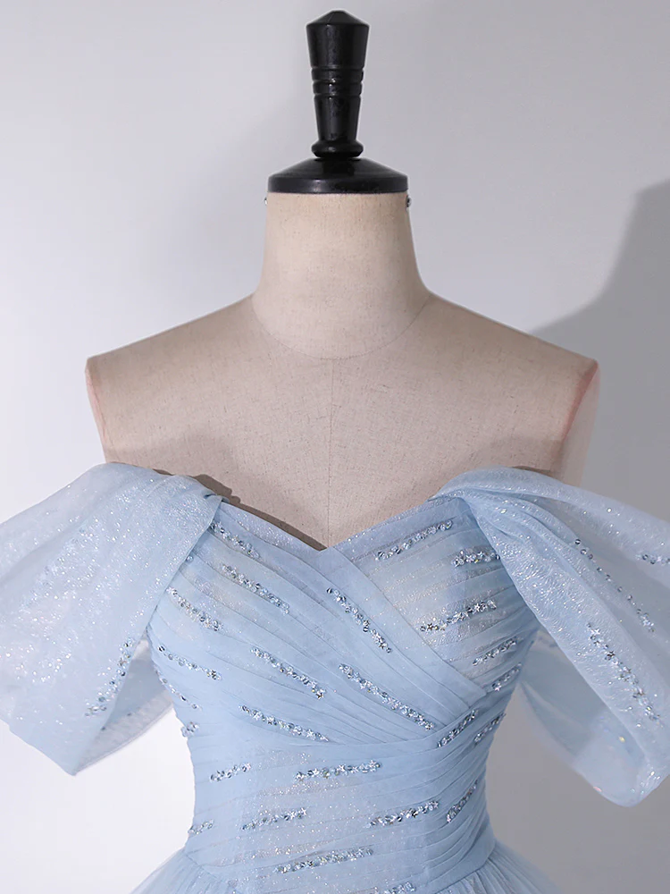 A-Line Off Shoulder Tulle Lace Blue Long Prom Dress, Blue Long Formal Dress MD7231