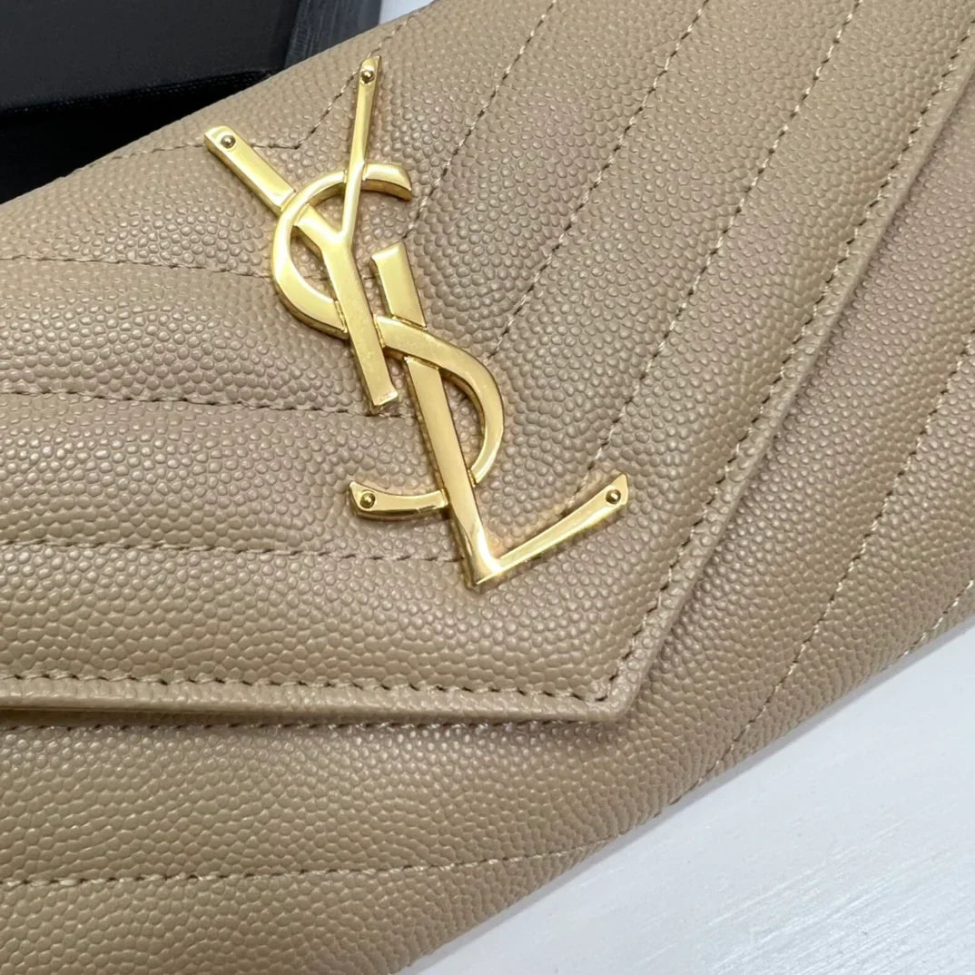 YSL Long Wallet Beige Leather Gold Tone 10772 19cm