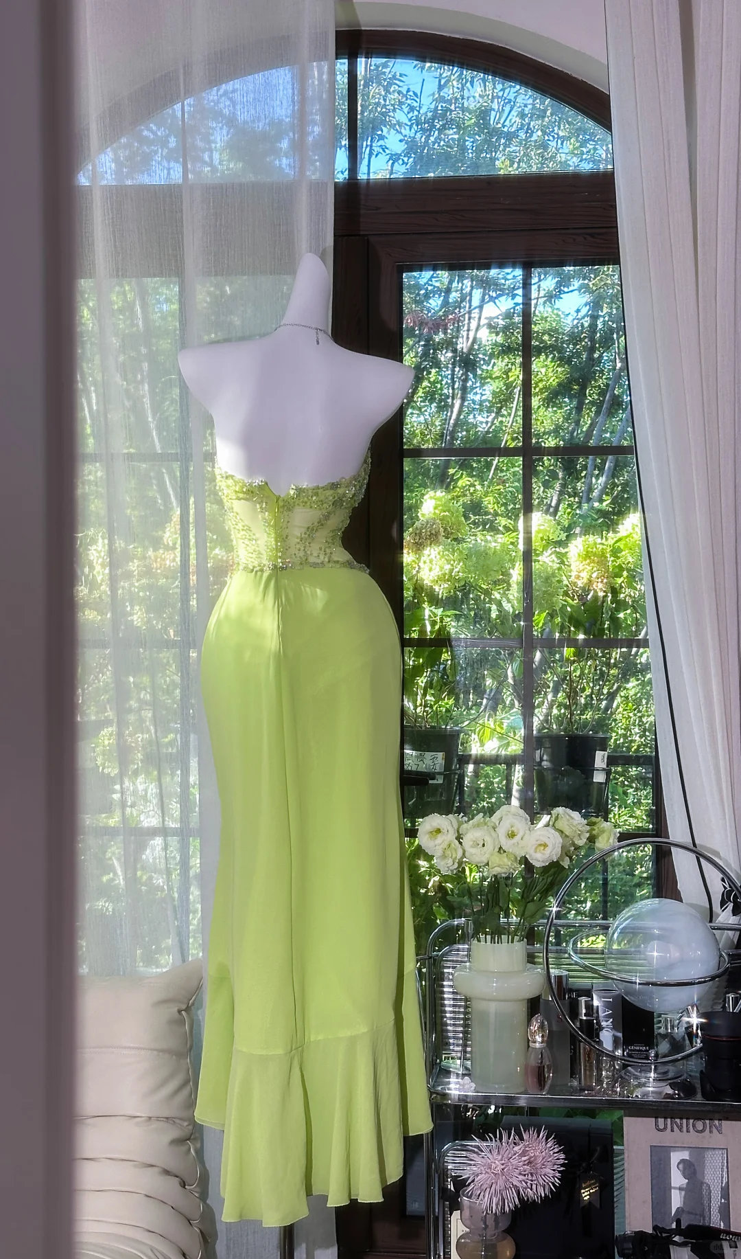 Vintage Green Mermaid Sweetheart Neck Beaded Ruffle Chiffon Prom Dress SH5122