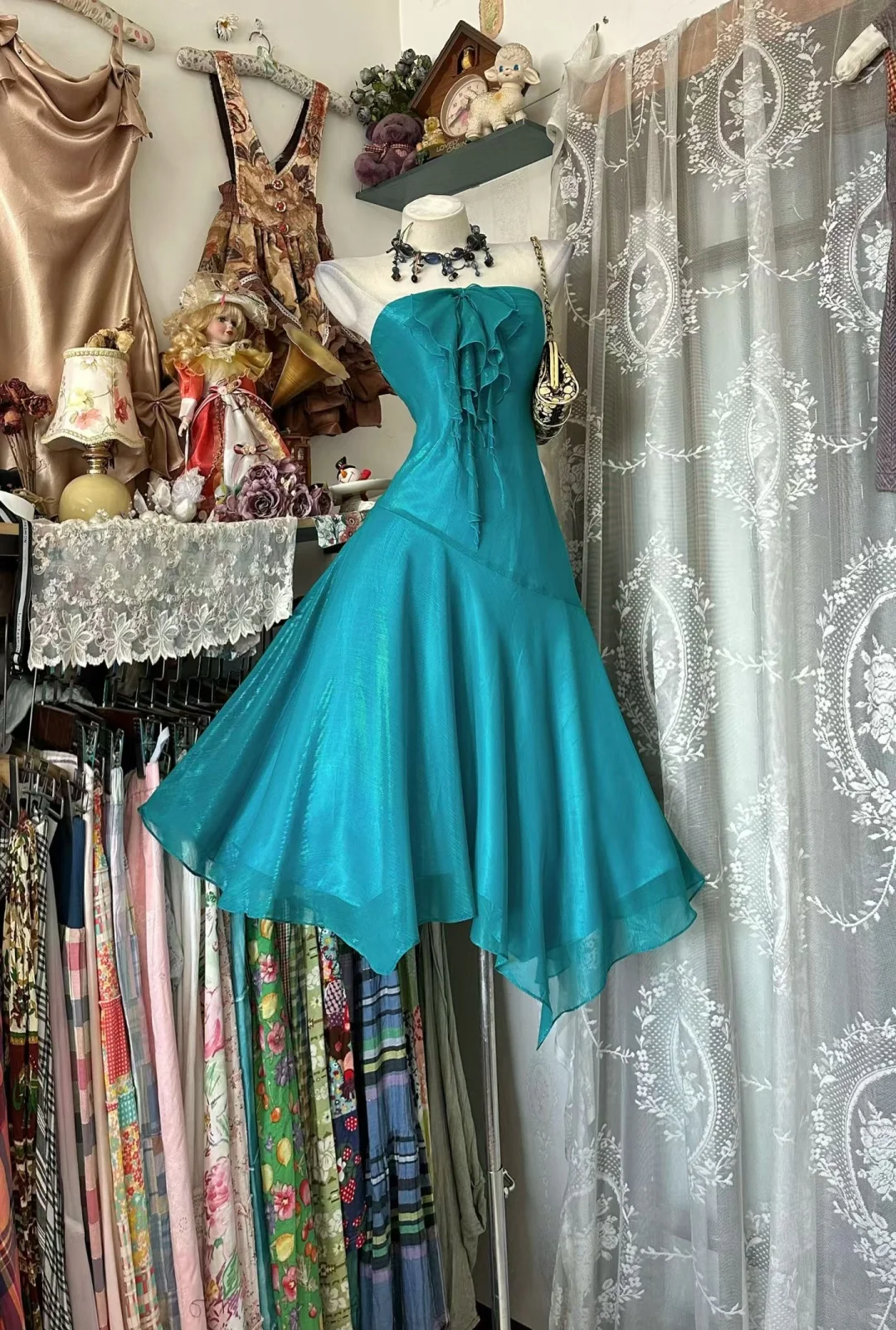 Vintage A Line Strapless Blue Ruffle Chiffon Short Homecoming Dress Outfits SH5820