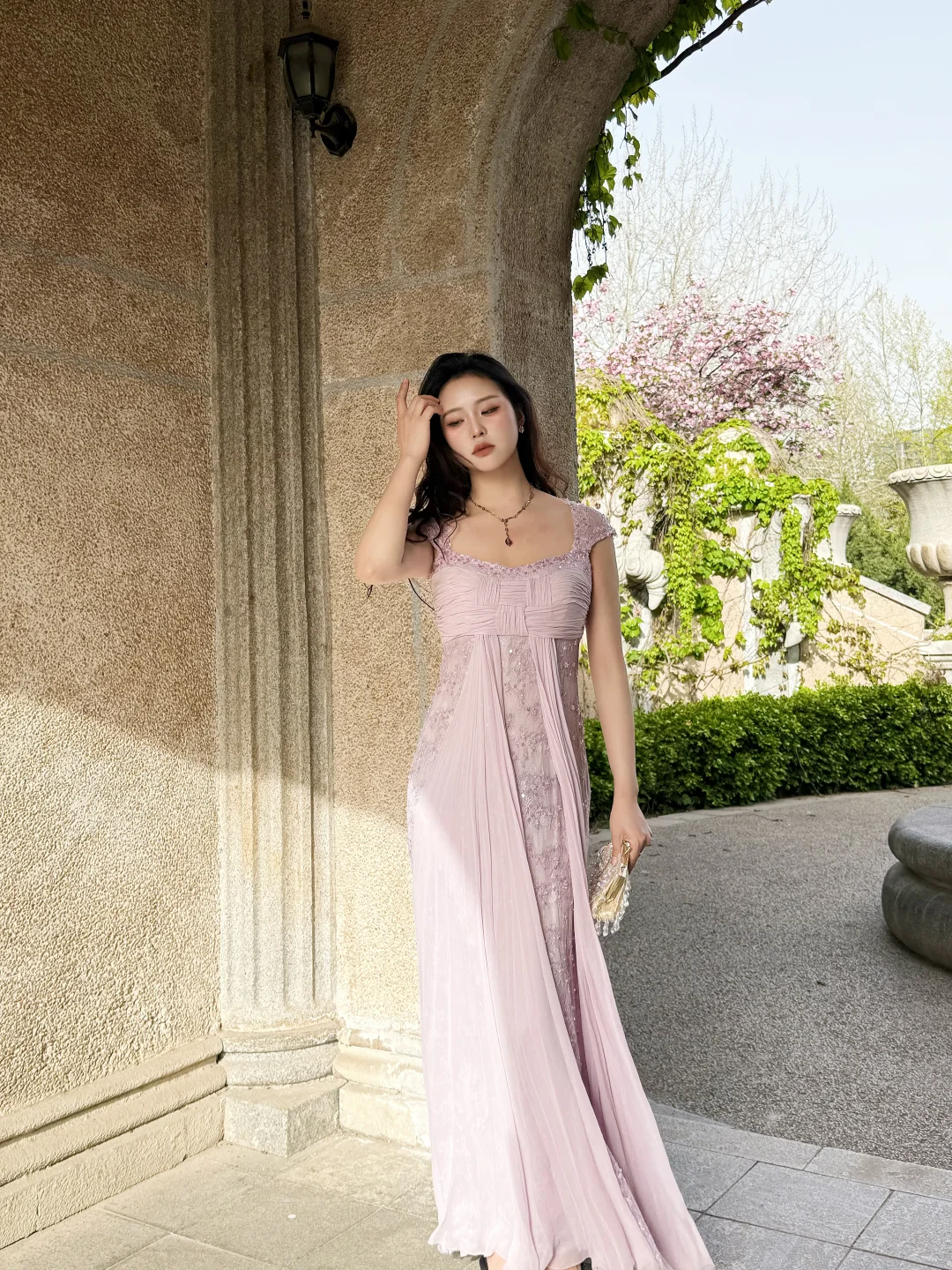 Vintage Gentle Light Lilac A Line Exquisite Beaded Chiffon Prom Dress Wedding Guest Dress SH5437