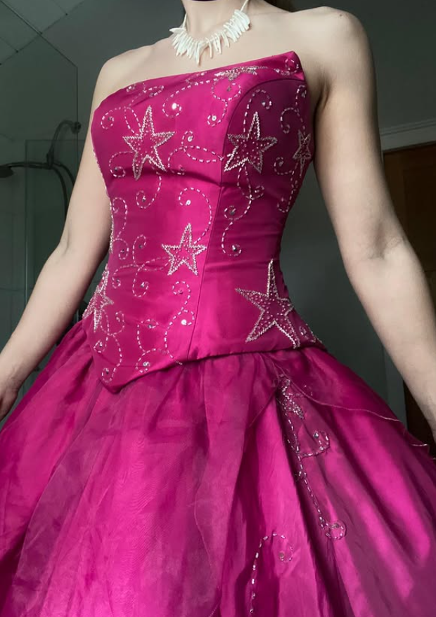Vintage Hot Pink A Line Strapless Star Beaded Satin Tulle Prom Dress Evening Dress SH5915