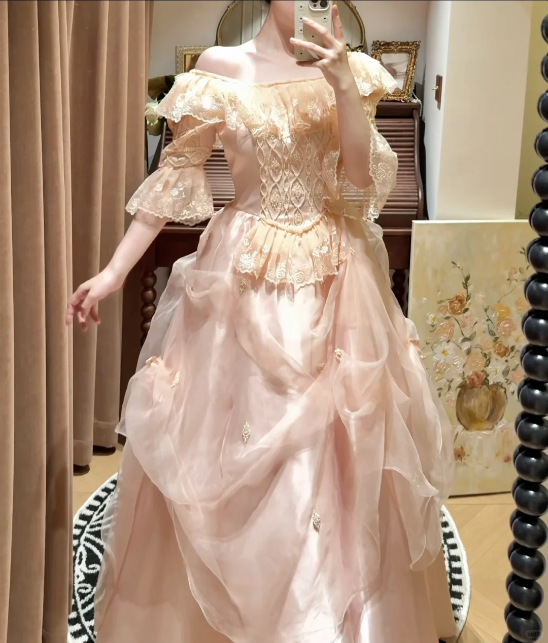 Stunning Light Pink A Line Long Sleeve Lace Organza Prom Dress SH5653