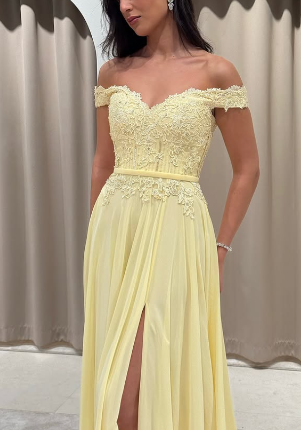 Summer Light Yellow A Line Lace Chiffon Long Prom Dress Party Evening Dress SH5706