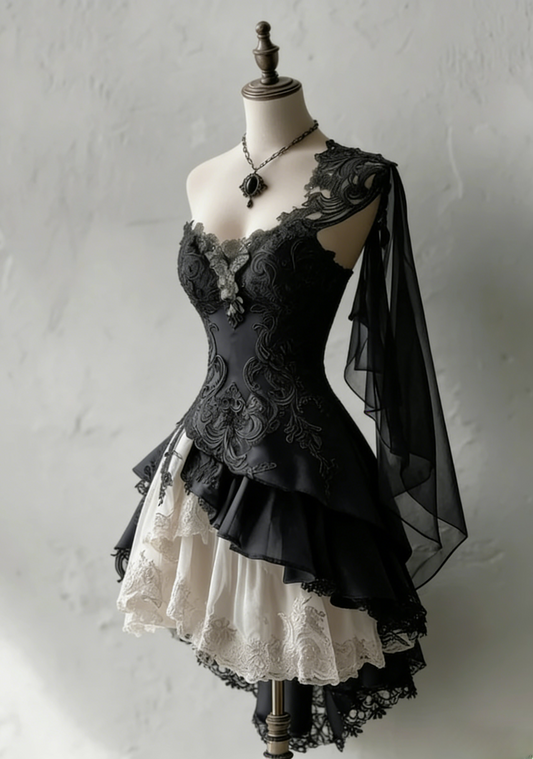 Cute Black Prom Dress One-shoulder A-Line Party Dress Tulle Appliques Short Birthday Dress DP05122