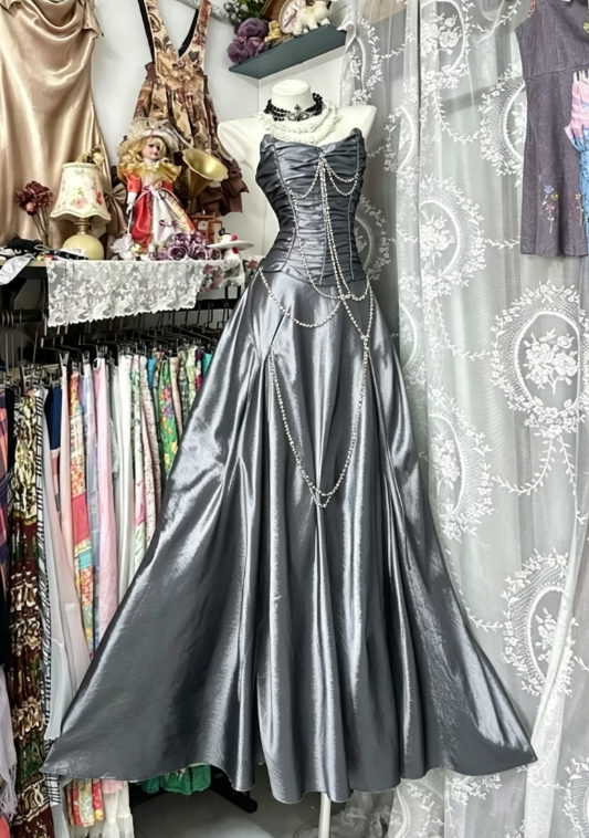 Vintage Grey A Line Strapless Pearls Satin Prom Dress Evening Party Dress SH5683