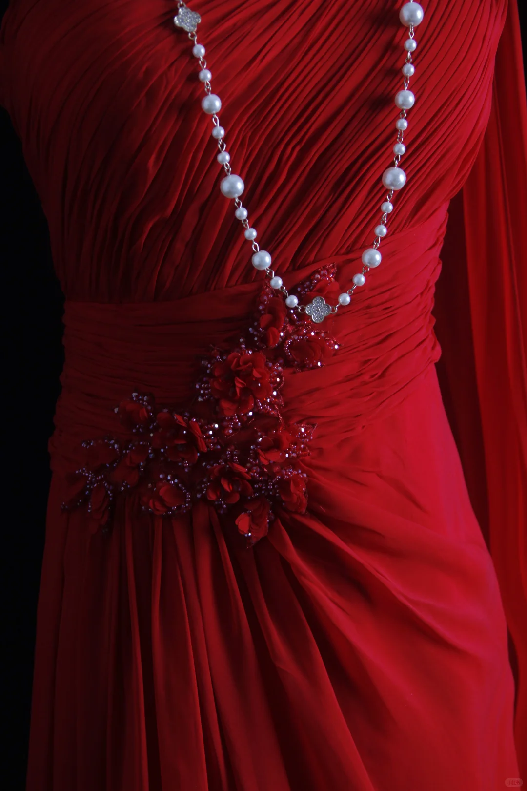 Vintage A Line One Shoulder Appliques Red Chiffon Prom Dress Wedding Guest Dress SH5335