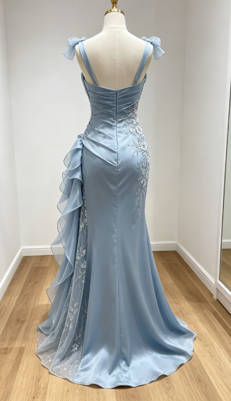 Blue Prom Dress Sheath Straps Satin Appliques Long Evening Dress ED07632