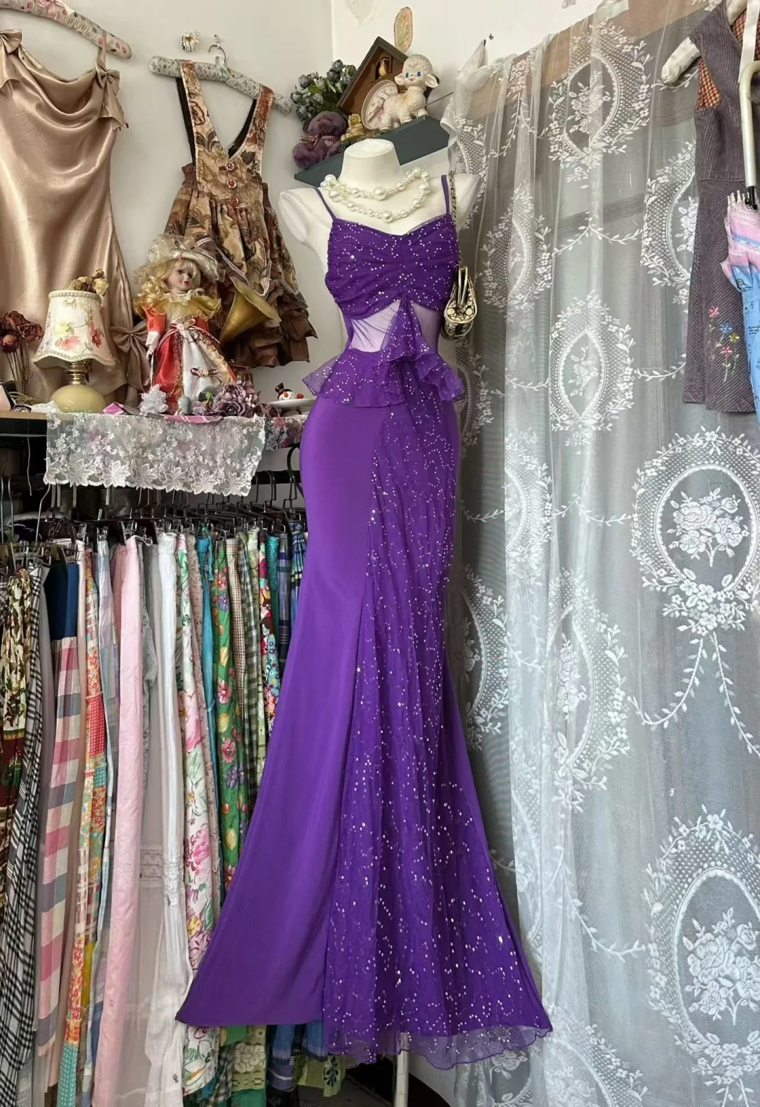 Vintage Dazzling Purple Mermaid Straps Sequin Tulle Satin Prom Dress Evening Dress SH5629