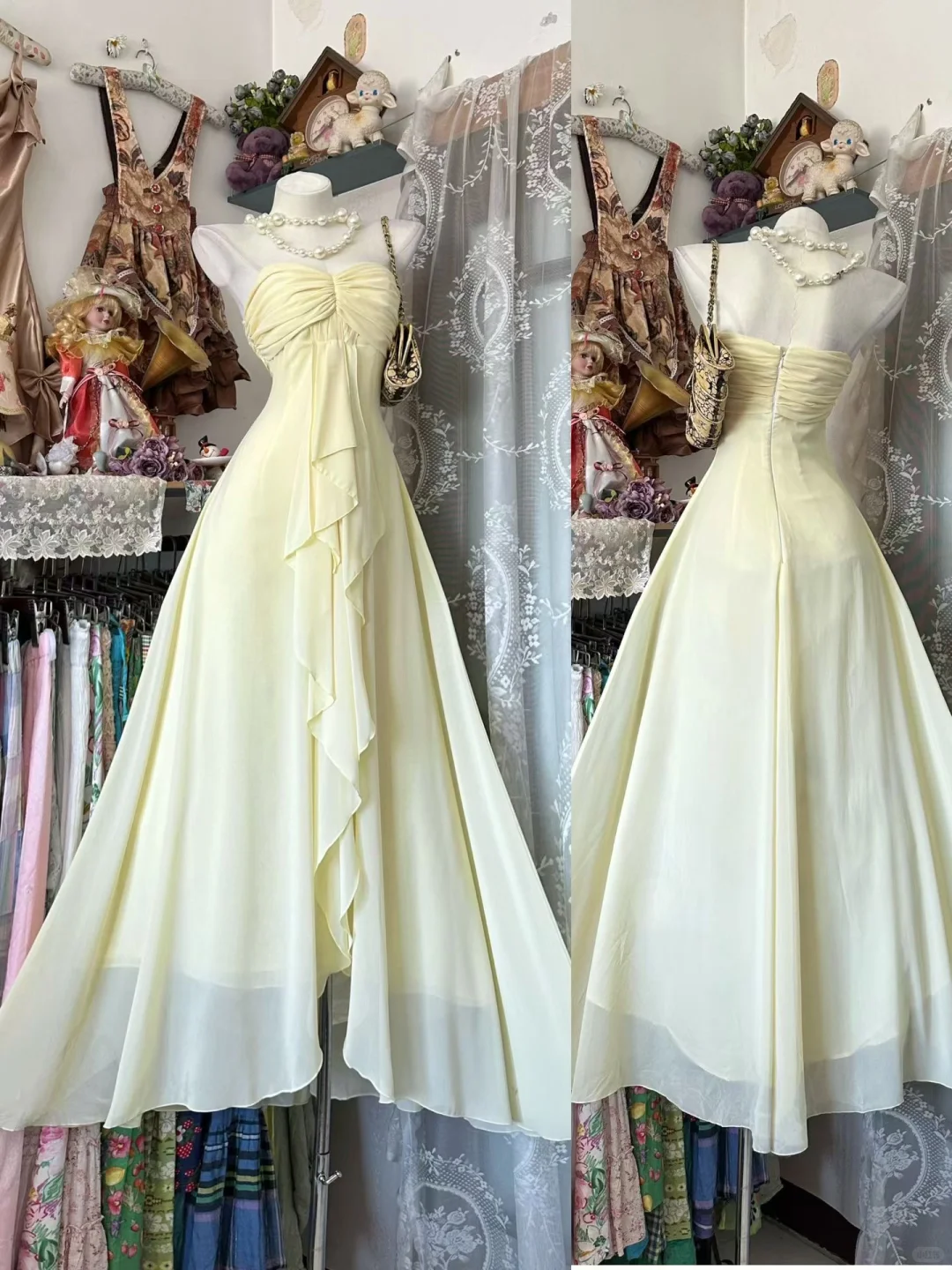 Vintage Light Yellow A Line Sweetheart Neck Ruffle Chiffon Prom Dress Evening Dress SH5685