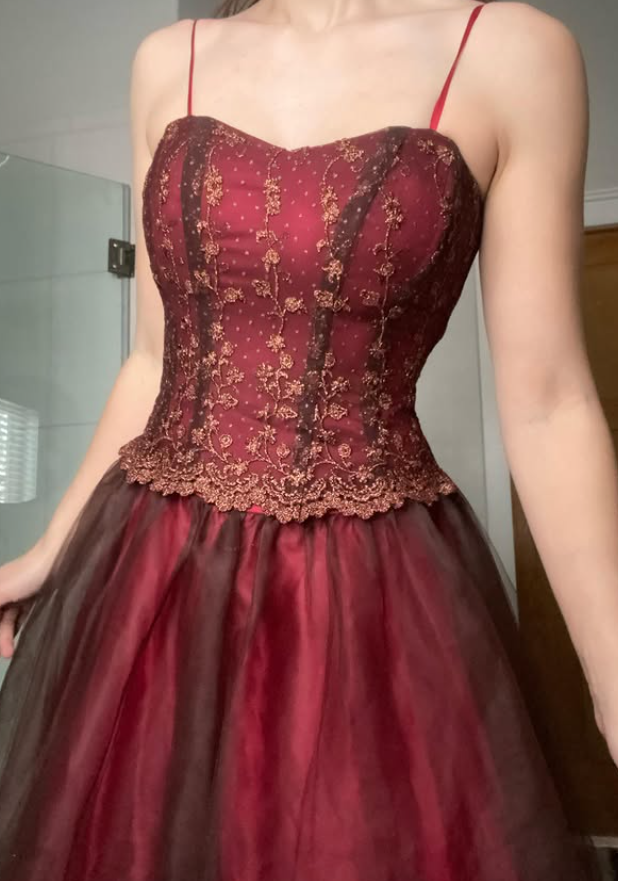 Vintage Burgundy A Line Spaghetti Straps Beaded Satin Tulle Prom Dress Evening Dress SH5914