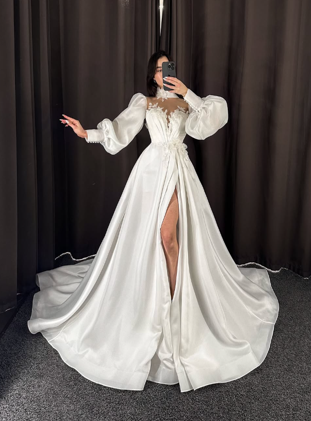 Stunning A Line Long Sleeve Appliques White Satin Wedding Dress with Slit SH6182
