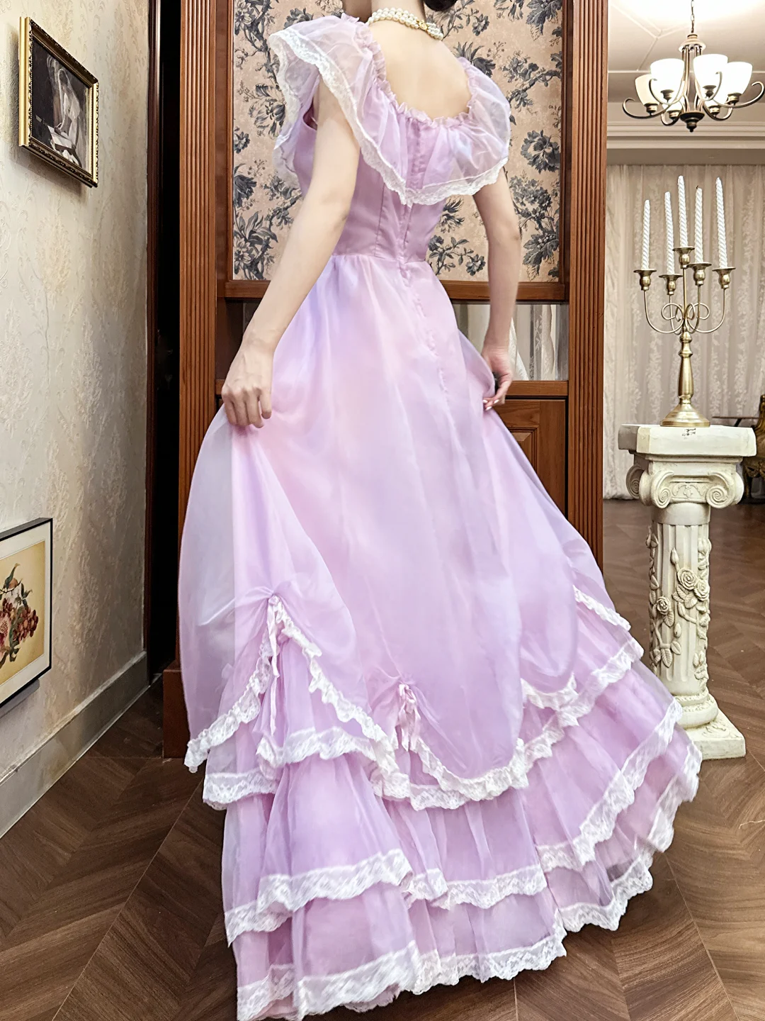 Vintage Lilac A Line Round Neck White Lace Chiffon Long Prom Dress Evening Dress SH5656