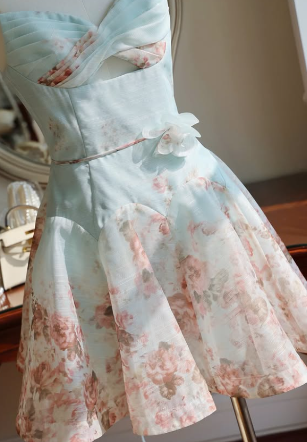 Summer Blue A Line Straps Print Floral Satin Cocktail Dress Homecoming Dress SH6165