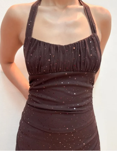 Vintage Brown Halter Neck Sheath Chiffon Long Evening Party Dresses, D1026