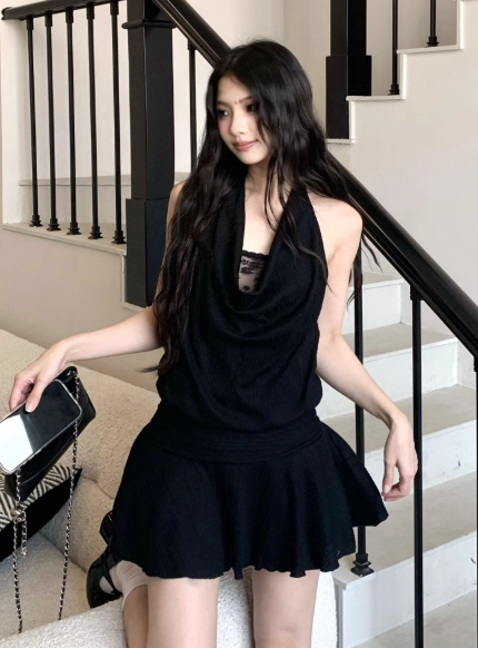 Beauty A Line Halter Pleated Ruffle Short Women Dress Summer Date Dress D1918