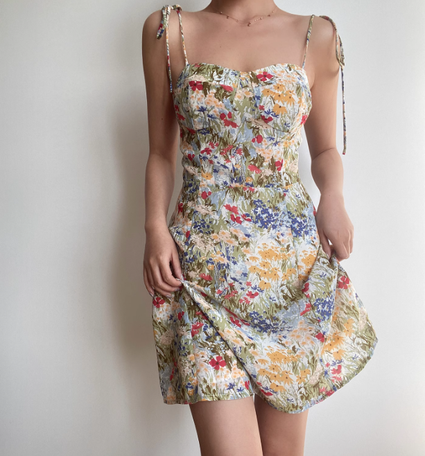 Vacation Spaghetti Straps Print Floral Short Skirt Summer Seaside Dress Women Date Dress D2049