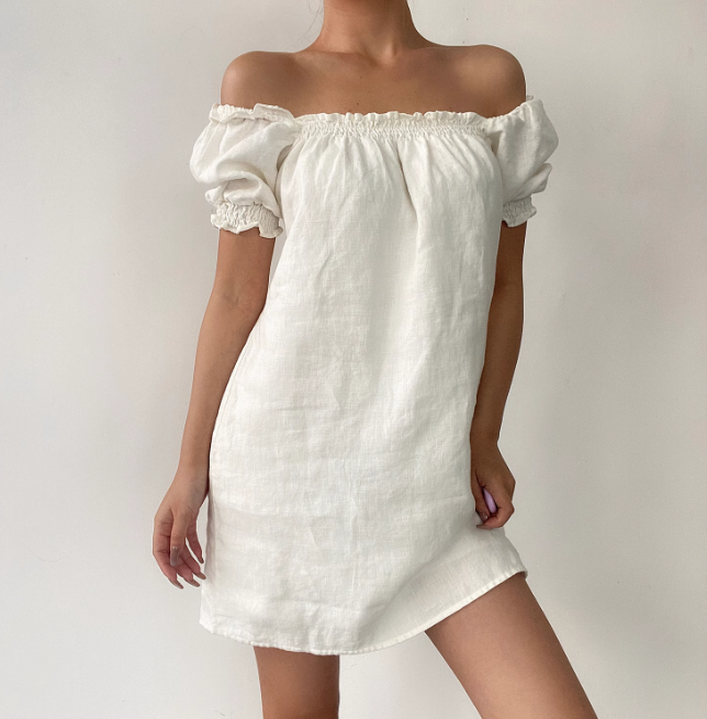 Versatile Off the Shoulder Puffed Sleeves Short Skirt Women Dress Summer Date Dress D2057