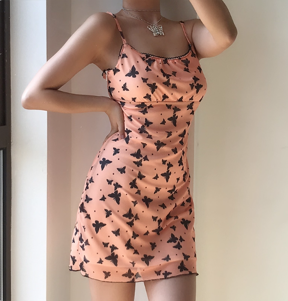 Fashion Spaghetti Straps Print Butterfly Short Skirt Teenage Girl Summer Vacation Date Dress D2095