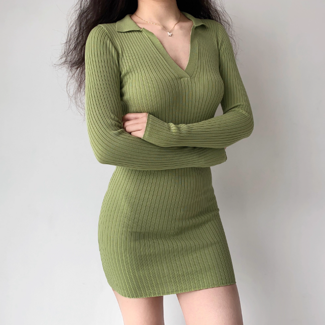 Casual V-neck Long Sleeves Short Fitted Skirt Women Teeage Girl Dress D2206