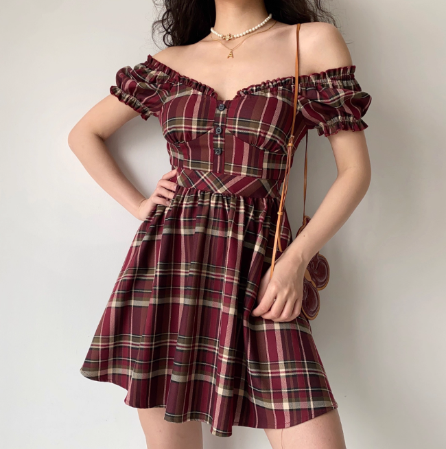 Casual Checkered Dress A Line Off the Shouler Short Skirt Women Teenage Girl Dress D2269