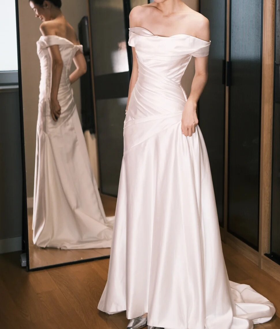 Elegant Prom Dress White Off Shoulder Pleated Prom Dress Evening Dress Gala Dress D2556