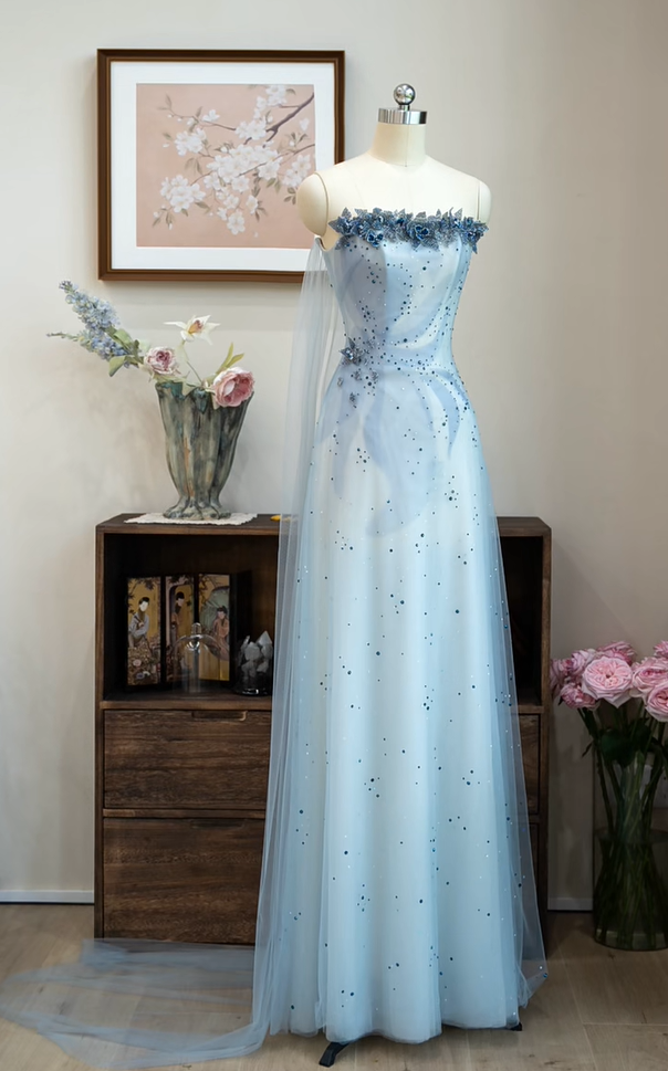 Stunning Prom Dress Strapless Baby Blue Print Prom Gown Evening Dresses Gala Dress D2567