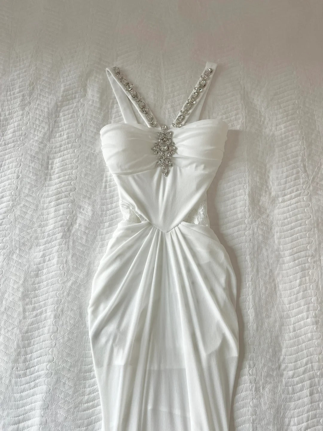 Elegant Prom Dress White Spaghetti Straps Crystal Pleated Prom Dress Party Dress D2578