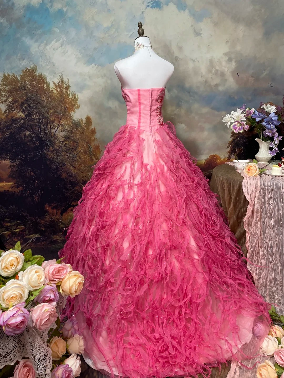 Sweet Prom Dress Strapless Tulle Pleated Ball Gown Evening Dress Quinceanera Dress D2677