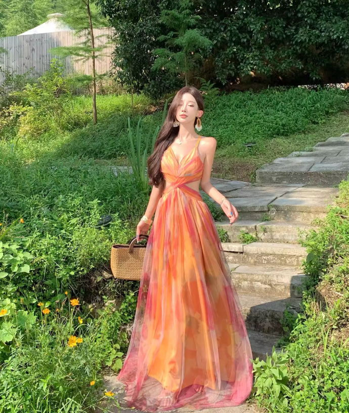 Stunning Women Dress Spaghetti Straps Pleated Summer Date Dress Seaside Party Dress D2957