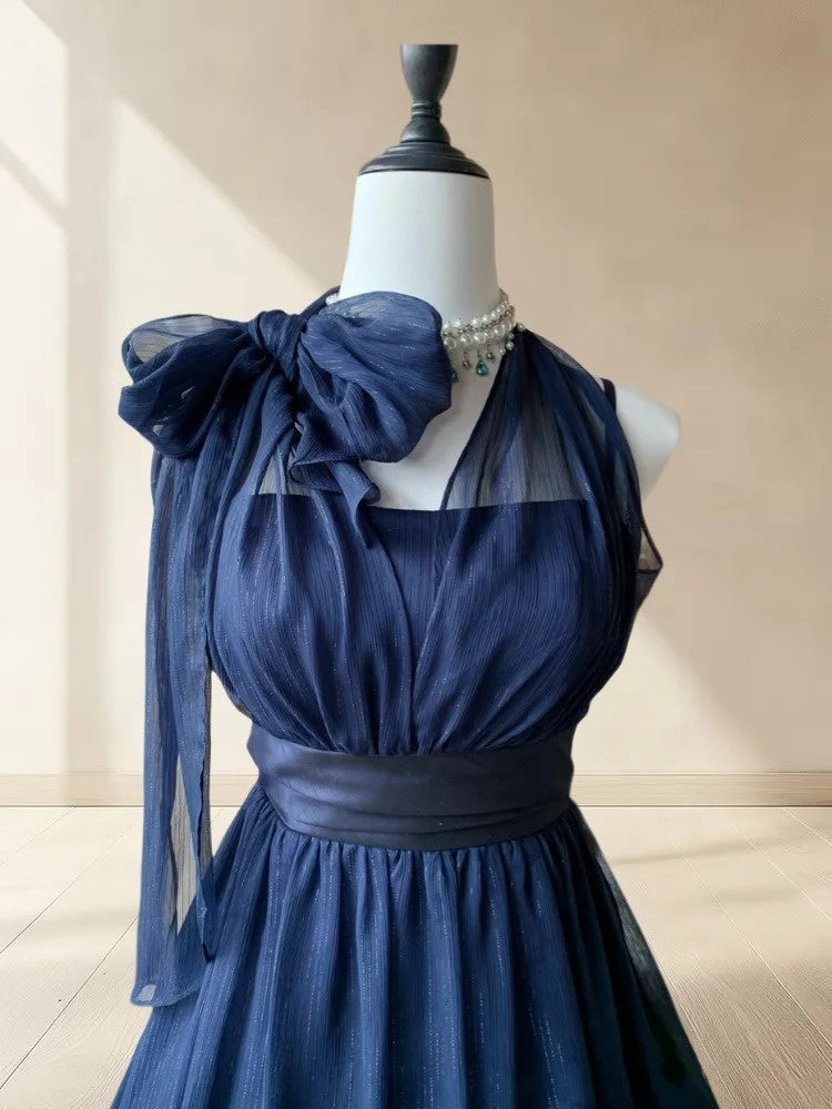 Beauty Homecoming Dress Navy Blue A Line Halter Pleated Short Prom Dress Party Dress Casual Dress D2983