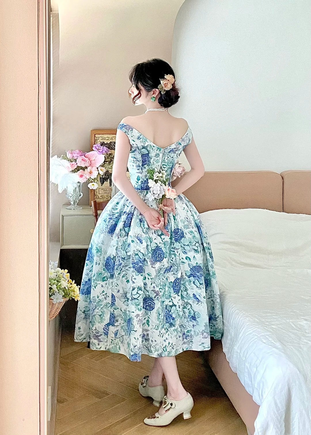 Beauty Prom Dress Off Shoulder Pleated Print Evening Dress Birthday Party Dress Gala Dress D3021