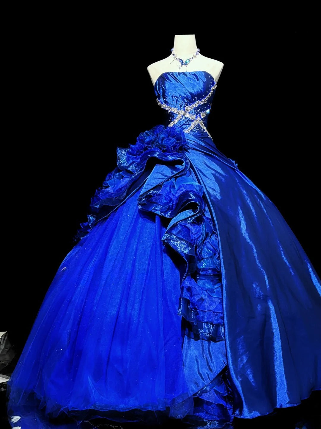 Charming Prom Dress Blue Strapless Ruffle Ball Gown Evening Dress Birthday Party Dress D3053
