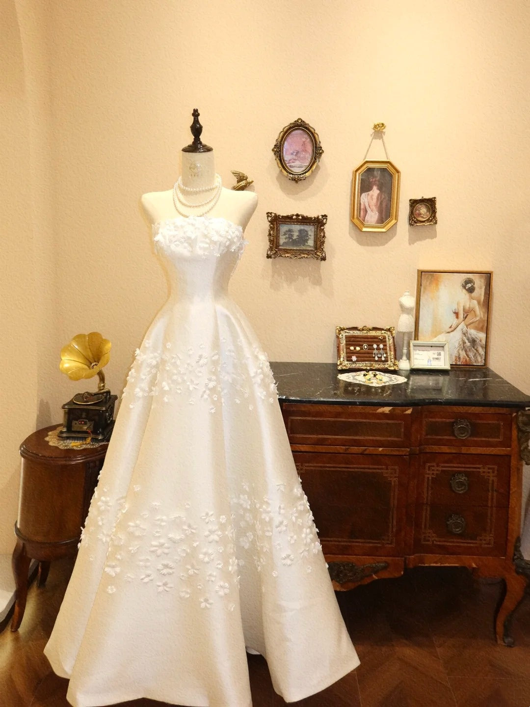 Elegant Prom Dress A Line Strapless Floral Evening Dress Gala Dress D3055