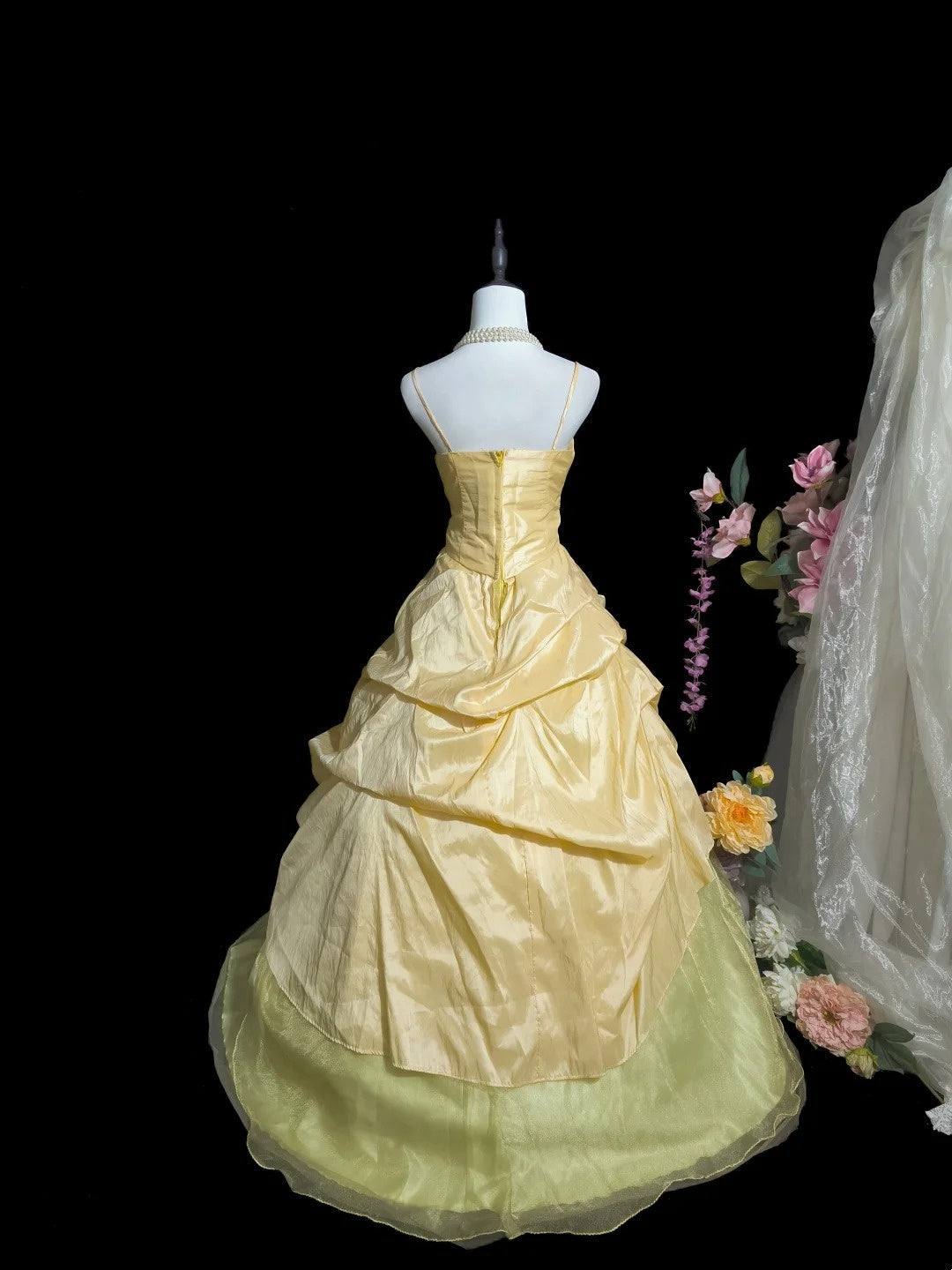 Sweet Prom Dress Yellow Spaghetti Straps Pleated Tulle Evening Dress Quinceanera Dress Ball Gown D3105