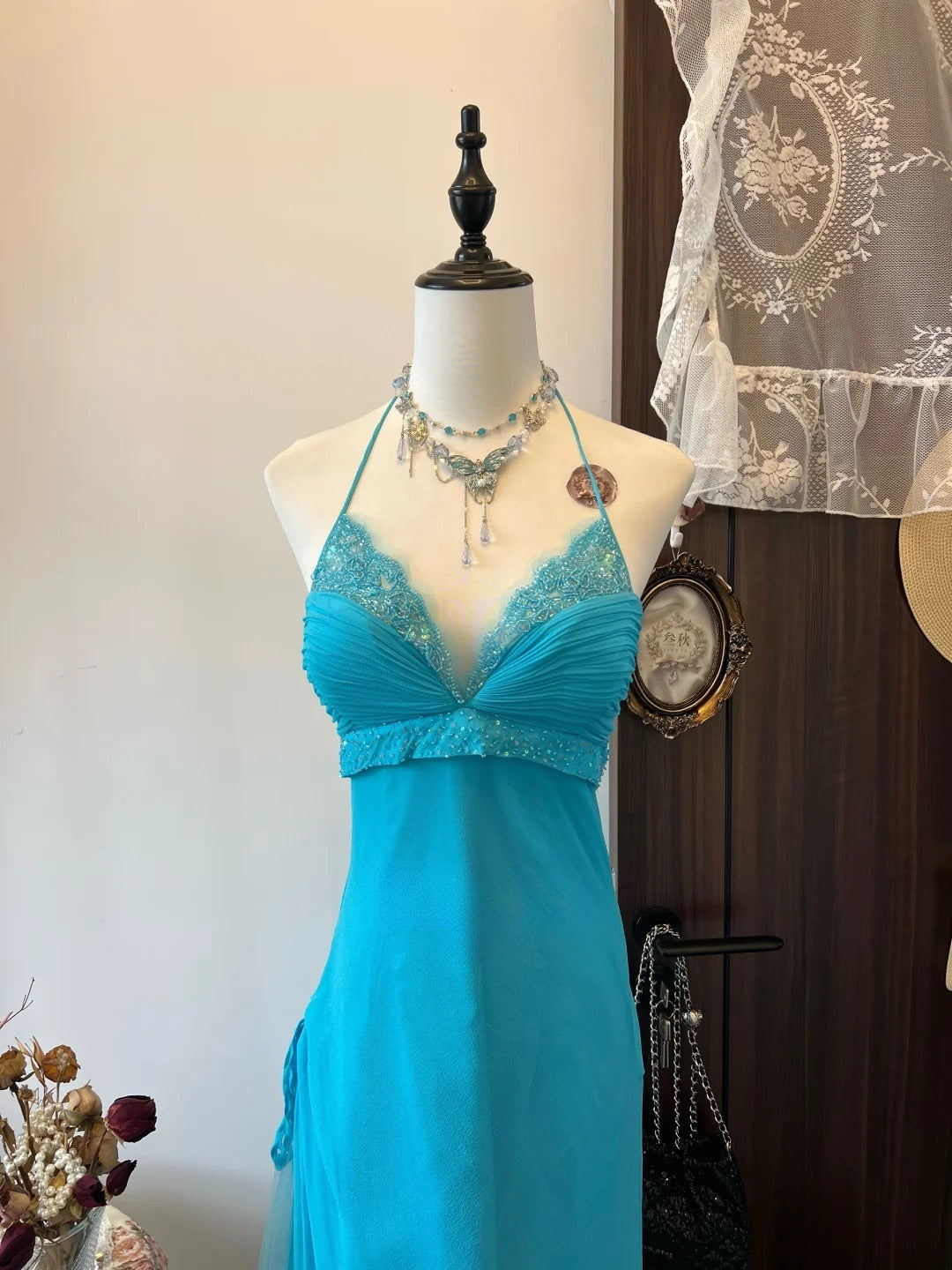 Beauty Prom Dress A Line Halter Pleated Birthday Party Dress Evening Dress Gala Dress D3127