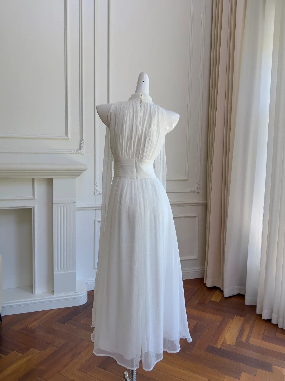 Elegant Prom Dress White High Collar Pleated Long Birthday Party Outfits Cocktail Dress D3275