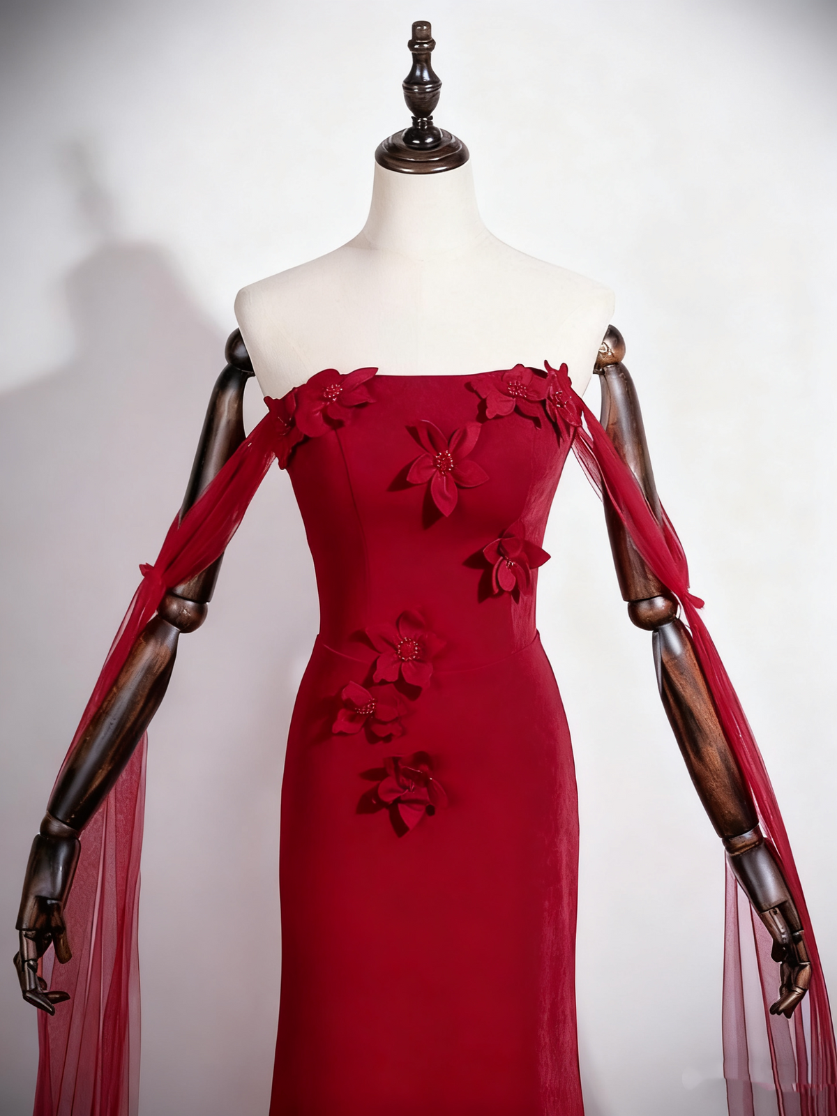 Gorgeous Prom Dress Wine Red Strapless Floral Mermaid Prom Dress D3304