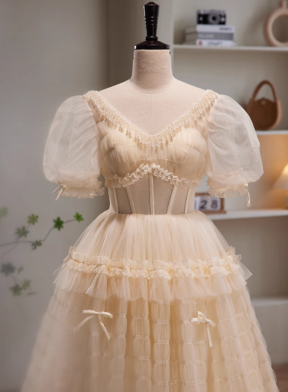 Sweet Prom Dress V-neck Tulle Pleated Quinceanera Dress Evening Dress D3471
