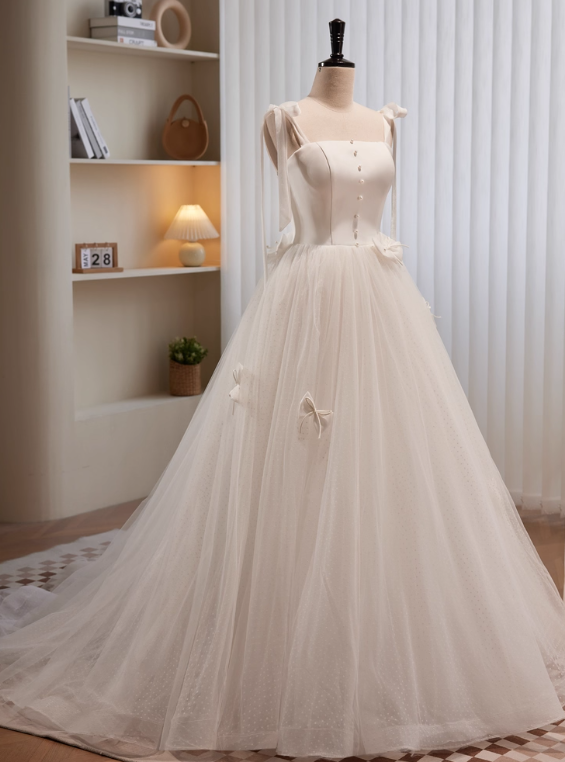 Elegant Wedding Dress Straps Tulle Pleated Wedding Dress D3472