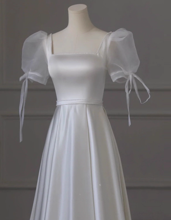 Minimalist Wedding Dress A Line Square Neck Pleated Wedding Dress D3493
