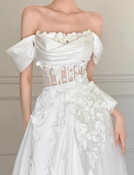 Stunning Wedding Dress Off Shoulder Floral Pleated Wedding Dress D3509