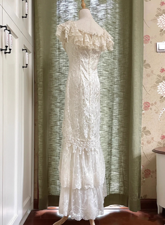 Vintage Wedding Dress Crew Neck Lace Pleated Wedding Dress D3600