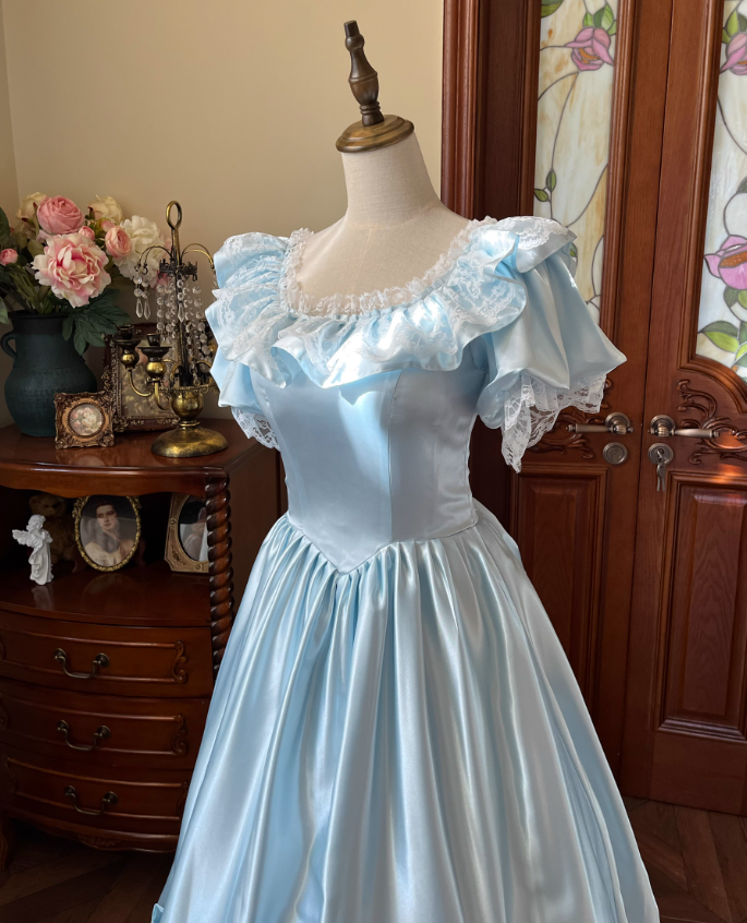 Beauty Prom Dress Baby Blue Crew Neck Pleated Lace Evening Gown Quinceanera Dress D3648