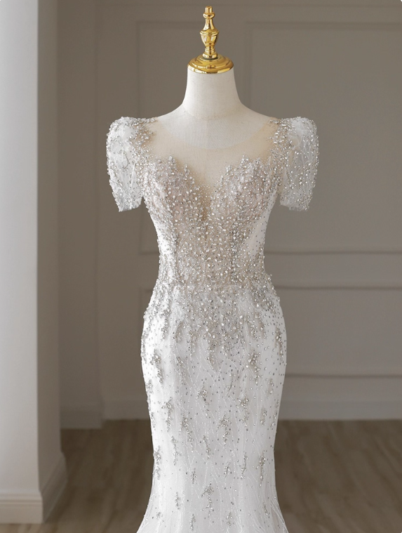 Luxury Wedding Dress Crew Neck Mermaid Wedding Dress D3657