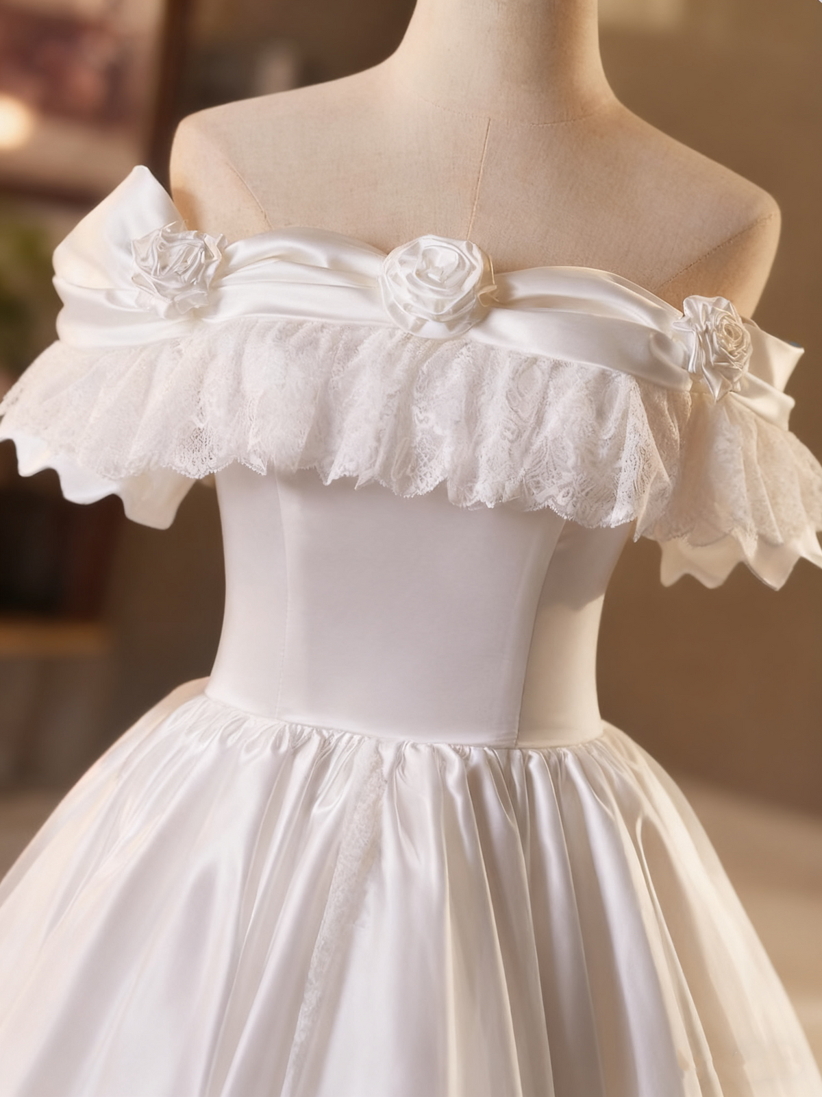 Vintage Wedding Dress Off Shoulder Pleated Lace Wedding Dress D3691