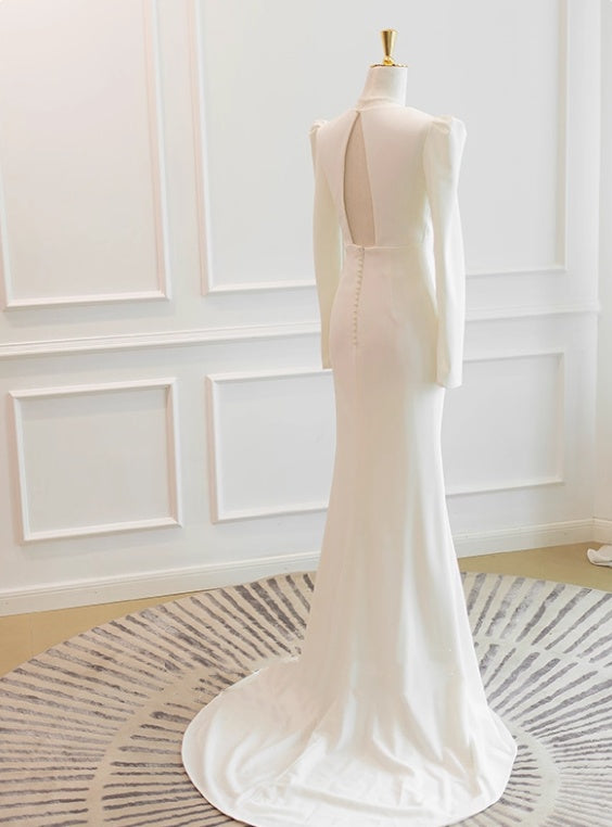 Minimalist Wedding Dress V-neck Long Sleeves Wedding Dress D3840