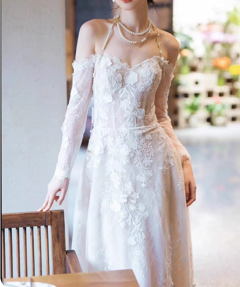Elegant Wedding Dress Off Shoulder Long Sleeve Wedding Dress D3866
