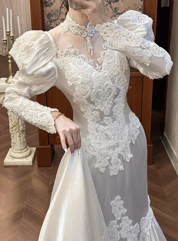 Vintage Wedding Dress High Collar Pleated Mermaid Wedding Dress D3976